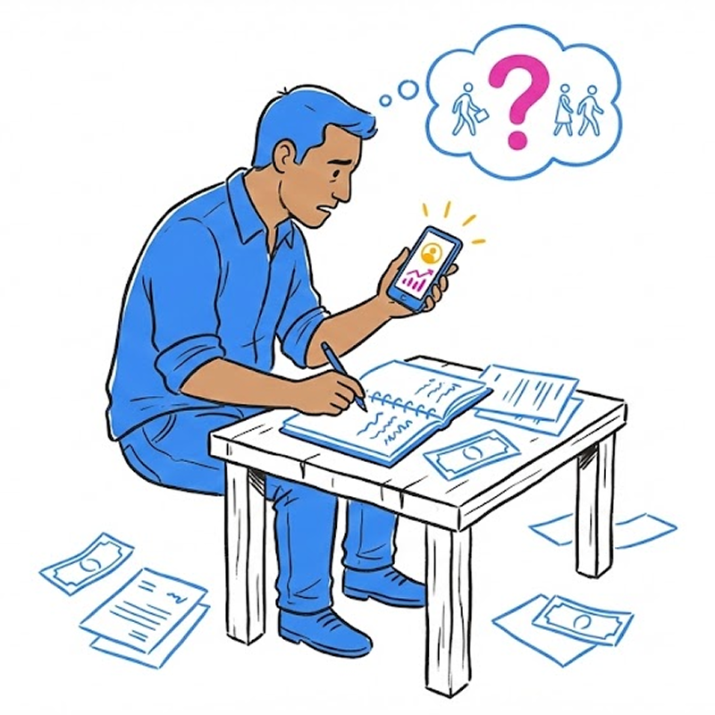 Emprendedor estresado con papeles y facturas, pensando en su familia