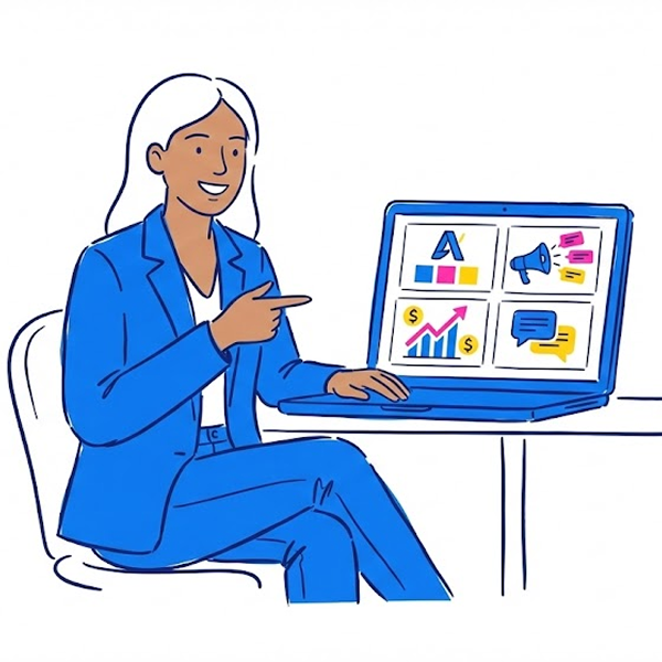 Mujer profesional mostrando los 4 modulos del programa en laptop