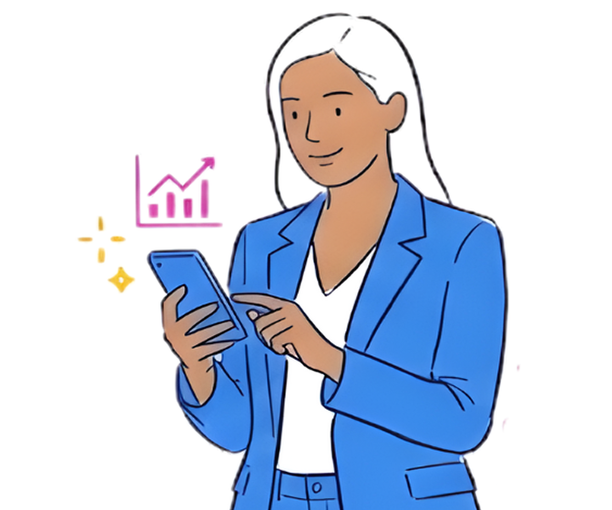 Emprendedora exitosa usando Emprende IA con graficas de crecimiento